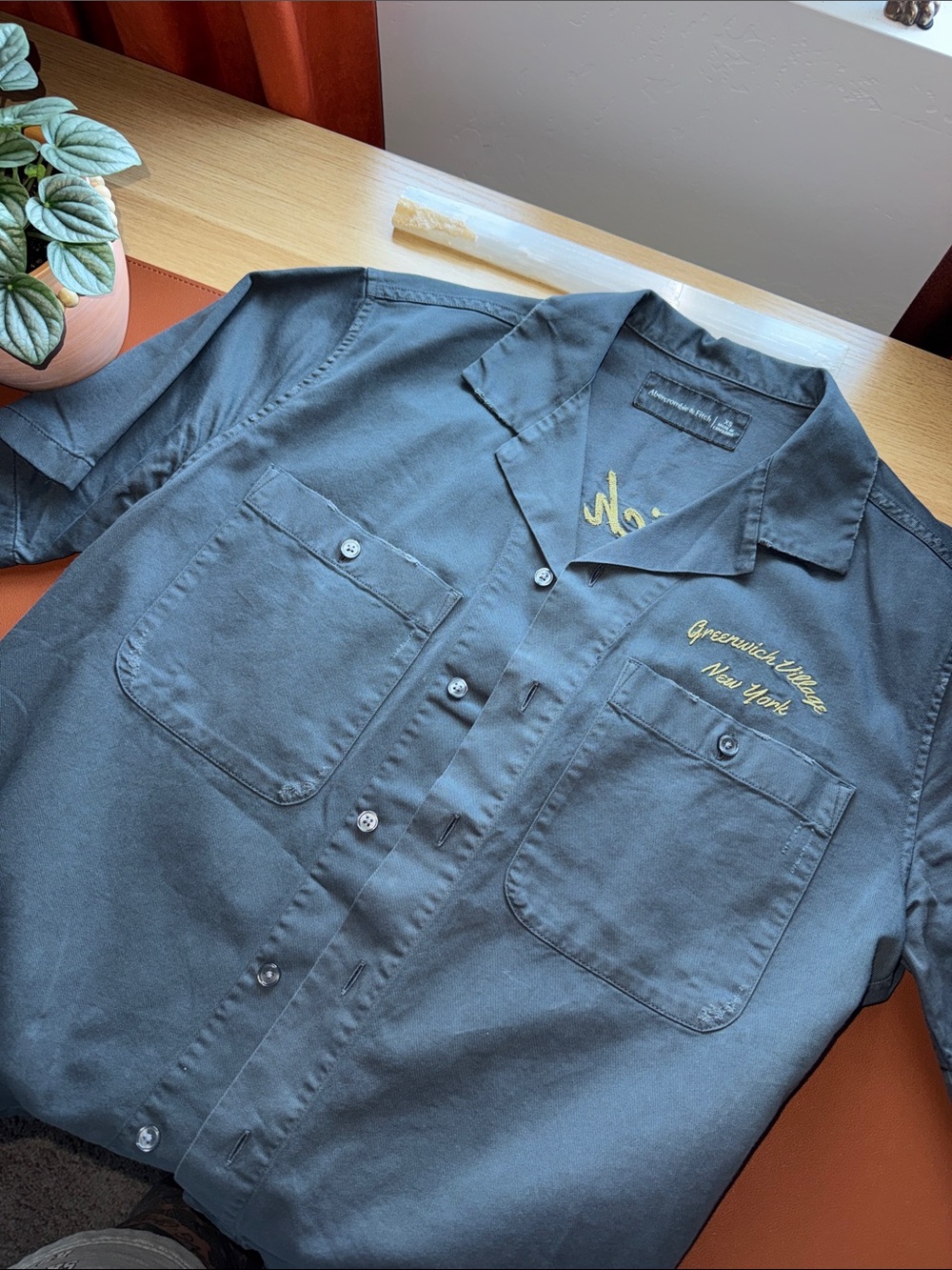 Abercrombie & Fitch Navy Short Sleeve Shirt with Yellow Embroidery